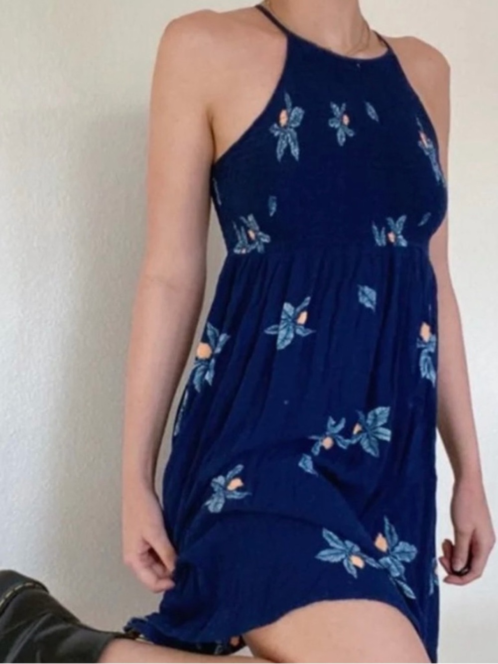 Mossimo Floral Smocked Halter Mini Boho Skater Dress Sz L